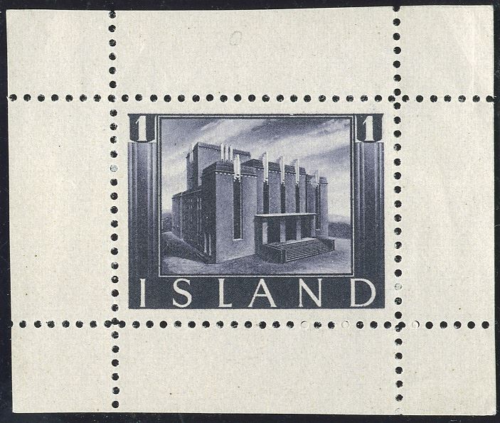 Leifr Eiricssons Day 1938, 1 (KR) The National Theatre of Iceland in Reykjavik, greylilac, with full margins on all 4 sides, perforated. Halftone recess printing by Staatsdruckerei, Wien. As small single stamp sheet extremely rare.