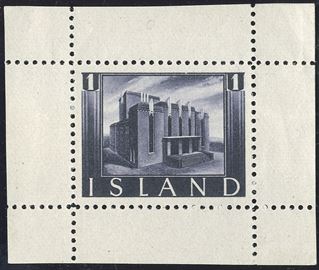 Leifr Eiricssons Day 1938, 1 (KR) The National Theatre of Iceland in Reykjavik, greylilac, with full margins on all 4 sides, perforated. Halftone recess printing by Staatsdruckerei, Wien. As small single stamp sheet extremely rare.