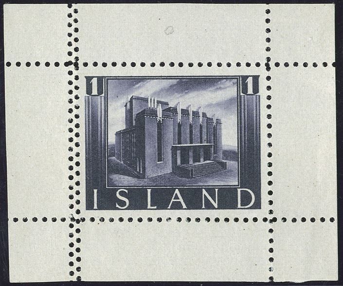 Leifr Eiricssons Day 1938, 1 (KR) The National Theatre of Iceland in Reykjavik, greylilac, with full margins on all 4 sides, perforated, with double perforation on the left side. Halftone recess printing by Staatsdruckerei, Wien. As small single stamp sheet extremely rare.