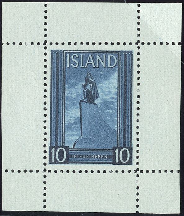 Leifr Eiricssons Day 1938, 1 (KR) The National Theatre of Iceland in Reykjavik, brown, with full margins on all 4 sides, perforated. Halftone recess printing by Staatsdruckerei, Wien. As small single stamp sheet extremely rare.