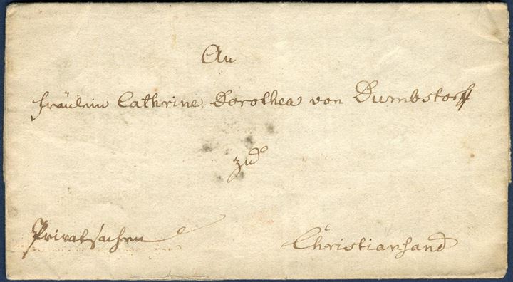 Prepaid letter from Copenhagen General-Post-Amt 8 April 1777 to Christiansand, Norway. On back with red wax-seal GENERAL POST AMTS SIEGEL, letter is about pension to Fräulein Cathrine Dorothea von Dumbsdorff zu Christiansand. List no. on back 30-11, paid 11 sk. for the postage. Letters to Norway as early as this is very unusual. Although sent from an Official administration, not sent as Royal Service KT, since the addressee is a private person.