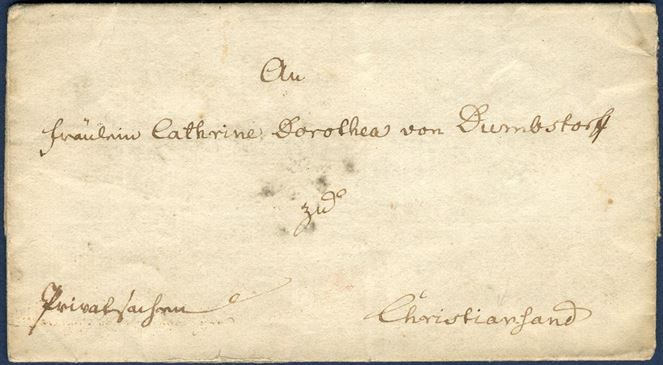 Prepaid letter from Copenhagen General-Post-Amt 8 April 1777 to Christiansand, Norway. On back with red wax-seal GENERAL POST AMTS SIEGEL, letter is about pension to Fräulein Cathrine Dorothea von Dumbsdorff zu Christiansand. List no. on back 30-11, paid 11 sk. for the postage. Letters to Norway as early as this is very unusual. Although sent from an Official administration, not sent as Royal Service KT, since the addressee is a private person.