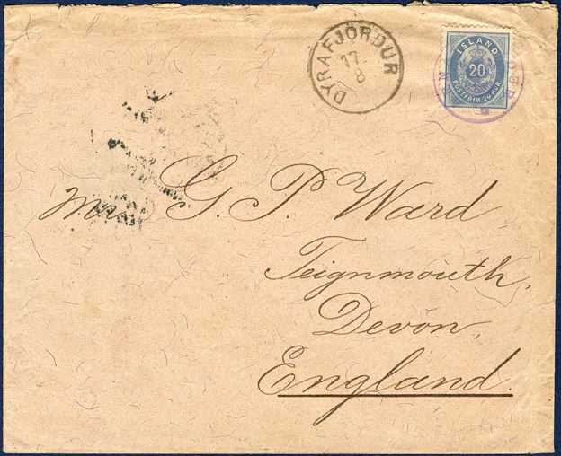 Letter from Arnarfjördur 17 August 1897 to Teignmouth, England. 20 aur oval type perforation 12 3/4, II printing. Cancelled with crown cancel 'ARNARFJÖRDUR' alongside LAP 'DYRAFJÖRDUR 17/8', backstamped 'EDINBURGH AU 29 97' and 'TEIGNMOUTH AU30 97'. 20 Aur UPU letter rate, correct franking.