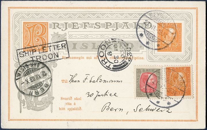 3 aur King Christian IX BRJEFSPJALD double card from Reykjavik 29 November 1903 to Bern, Switzerland. Uprated with 3 and 4 aur King Christian IX tied with 'REYKJAVIK 27.-11.-1903.', alongside two-ring 'TROON / 330 / B DE 10 03' and boxed 'SHIP LETTER TROON' with receiving 'BERN 12.XII.03.X-' mark on front. 