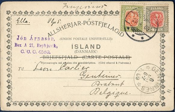 Postcard from Reykjavik 29 April 1909 to Gentinnes, Belgium. 1 Eyr and 4 aur Two-King's issue tied with 'REYKJAVIK 29.4.09' and 'GENTINNES 6 MAI 6-7 1909', sent at 5 aur printed matter rate.