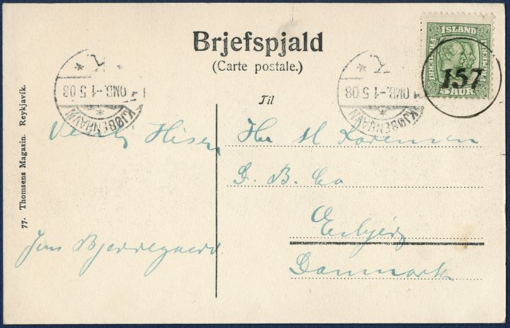 Postcard from Hafnarfjördur April 1908 to Esbjerg, Denmark. 5 aur Two-King's issue tied with numeral '157' HAFNARFJÖRDUR and 'KJØBENHAVN K 1 OMB. - 1 5 08', sent at 5 aur printed matter rate.