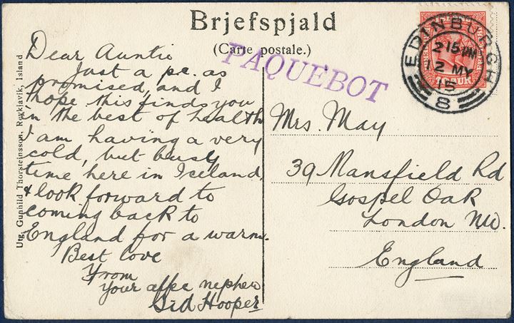 Postcard from Iceland to London, England. 10 aur Two-King's issue tied with foreign postmark two-ring 'EDINBURGH - 8 - 2.15PM 12 MY 15' alongside italic style 'PAQUEBOT' violet ink.