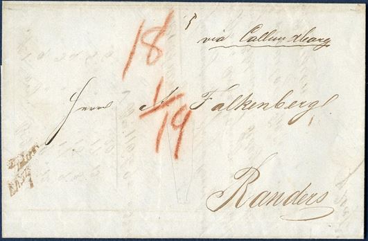 Unpaid letter sent from Copenhagen 22 June 1844 to Randers. Routing instruction – Via Callundborg – and charged 5 sk. also noted top middle of the letter, paid by the sender for handing in the letter the first hour after normal opening hours at the Copenhagen post office. Charged 18 sk. for the rate to Randers and 1 sk. local delivery fee at Randers, total paid 19 sk. by addressee. Sent with the steamer Chr VIII on the Aarhus-Copenhagen mail route, 2nd weekly trip on Saturday's.