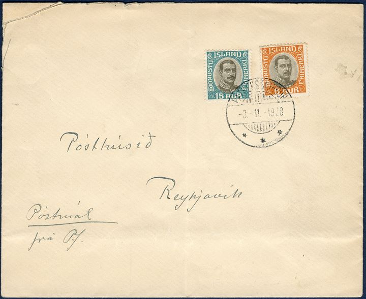 Official letter from Patreksfjördur 3 November 1928 to Reykjavik. 5 and 15 aur King Christian X PJONUSTU tied with swiss type 'PATREKSFJÖRDUR -3.-11-1928.'