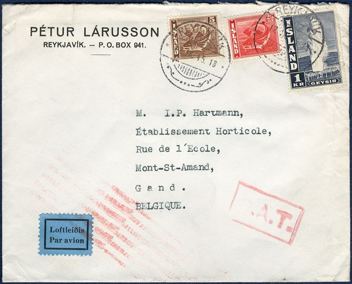 OAT letter from Reykjavik 12 September 1945 to Gand, Belgium. 5 and 25 aur Cod-issue and 1 Kr. Geysir (minor imperfections) cancelled with 'REYKJAVIK - 12.IX.45 18'. Onward Air Transmission stamped with boxed 'O.A.T.' and red six horizontal mark. Unusual.