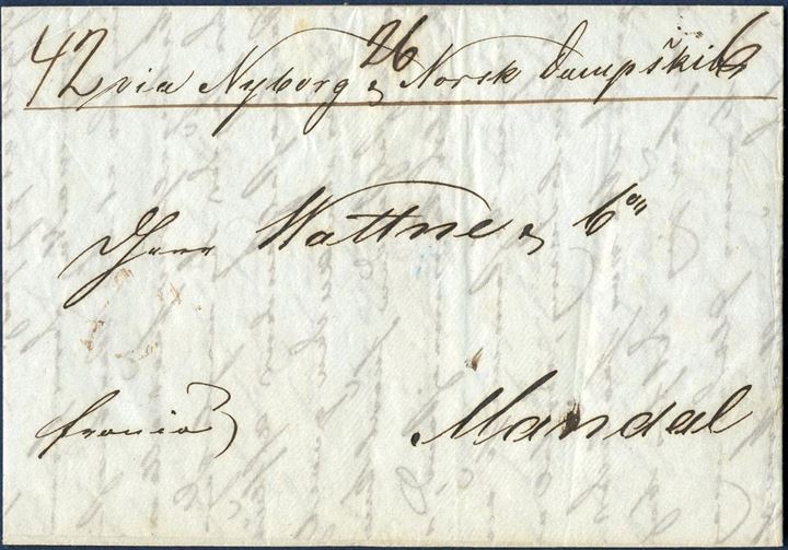 Prepaid letter from Copenhagen 5 September 1848 to Mandal, Norway. Routing instruction – Via Nyborg & Norsk Dampskib -. Postal rates breakdown noted on the top of the letter 42 – 26 – 6. The route via Nyborg is rather unusual. 