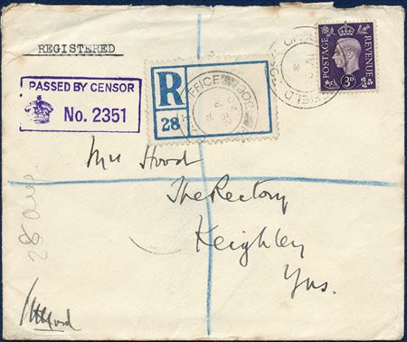 OAS letter from FPO 306 on 28 April 1940 to Keighley, Great Britain. Stamped 'FIELD POST OFFICE 306 - 28 AP 40' Reykjavik and boxed censor mark 'PASSED BY CENSOR No. 2351' and signature. Registration fee 3d paid with adhesive, registration label 'R / 28' and stamped with the same FPO mark. Rare