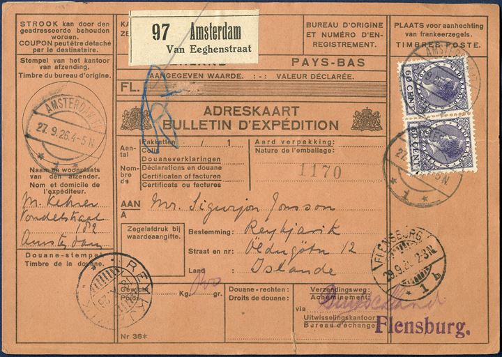 Parcel card from Amsterdam 27 September 1926 to Reykjavik, Iceland. Two 60 CENT Queen Wilhelmina cancelled with cds Amsterdam, vertical fold in card affecting lower stamp on the card. Rarely seen destination for parcelcards from The Netherlands at this time period.