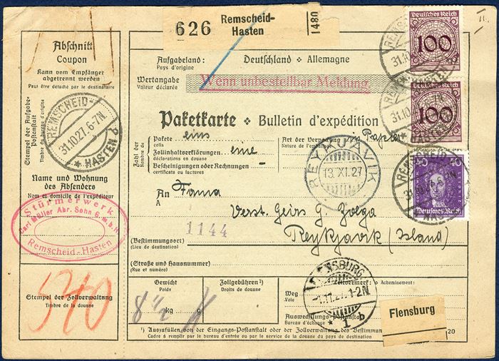 Parcel card from Remscheid 31 October 1927 to Reykjavik, Iceland. Deutsches Reich with two 100 pf (MI 343) and three on the back (one defect) and 40 pf Leibniz (MI 395) cancelled 'REMSCHEID 31.10.1927'. Rare destination.
