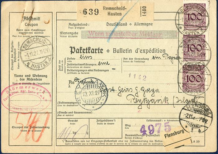 Parcel card from Remsched 1 November 1927 to Reykjavik, Iceland. Deutsches Reich with three 100 pf (MI 343) and two on the back and 40 pf Leibniz (MI 395) cancelled 'REMSCHEID 1.11.1927'. Rare destination.