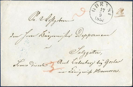 Prepaid lettersheet from Odense 17 September 1854 to Salzgitter, Kingdom of Hannover. Paid 22 sk. postage, sent – Franco Directe – and Hanoverian – D – in red crayon for D of Denmark.