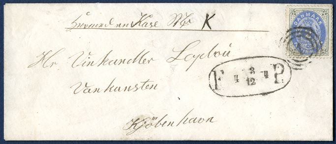 Copenhagen Footpost parcel franked with 2 sk. bicolored IX printing pos. A7 cancelled with numeral '1' Copenhagen and datestamped oval Footpost mark 'FP 4 3/12 74' in black. A parcel accompanying the letter 'Hermed en Kasse KE K', inside the envelope a note 'Sent med Kaptain Tuesen, Korup Enke' and 'M. Thuesen, Nexö' on the flap. Up to 500 gram parcel letters could be shipped for the local footpost rate of only 2 sk, an extremely rare postal docuent from the Coopenhagen foot post service. A small beautiful envelope.