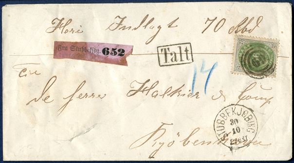 16 sk. bicolored on 70 Rbd. value letter from Stubbekjøbing 1871-75 to Copenhagen. Cancelled with numeral '69' and datestamp 'STUBBEKJØBING 30/10'. Value label 'Fra Stubbekjbg. 652', stamped 'TALT' and marked with blue crayon '14'. 