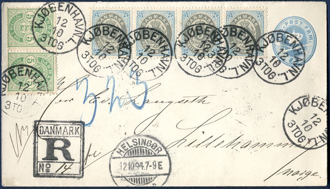 4 øre stationery envelope uprated with 4-strip 3 øre bicoulored and pair 5 øre arms-type cancelled with 'KJØBENHAVN.L. 12/10 3 TOG' on registered letter to Lillehammer, Norway. Transitstamped 'HELSINGØR 12.10.94 7-9E' and registration mark 'DANMARK / R / No. 14'. Correct 10 øre letter rate to Norway plus 16 øre registration fee, total 26 øre. A very decorative letter.