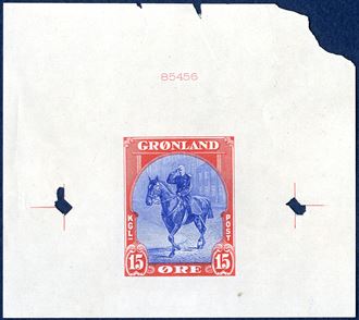Proof of 15 øre American issue on thin paper without gum, with production number '85456' in red printed above and printing guides on left and right side with punched holes, round corner above right.