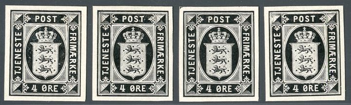 4 ØRE Tjenste (Offical) proof in black, print from the die - all four with different characteristics, the first two are type A and B.
