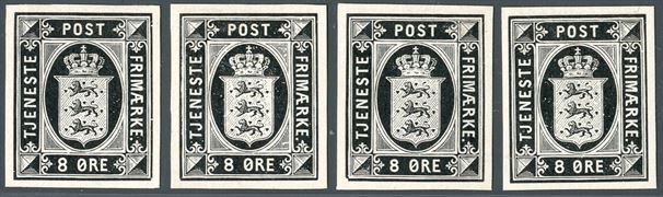 8 ØRE Tjenste (Offical) proof in black, print from the die - all four with different characteristics, the first two are type A and B. The 2nd stamp with white line in SE spandrel.