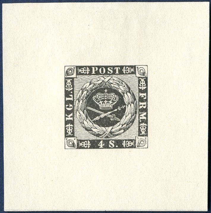 Die in black of 4 sk. 1858 wavy-line, from the same as on the larger sheet with a print on the left side a die in negative with six different samples of a new wavy-line, both vertical and horizontal, although here cut away.