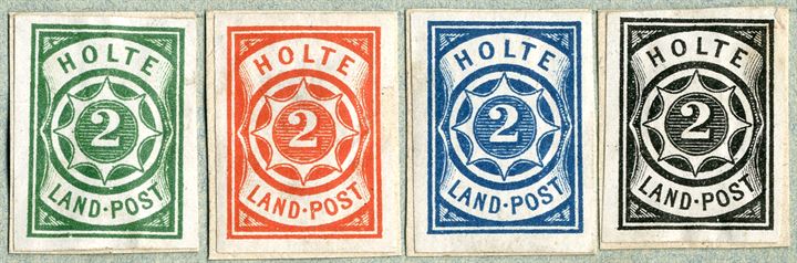 HOLTE 2 sk. green LAND-POST 1872, with colour proofs of 2 in red, blue and black. RARE set.