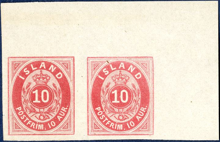 10 aur carmine, colour proof on imperforate thin paper without watermark, pair with full corner sheet margin.