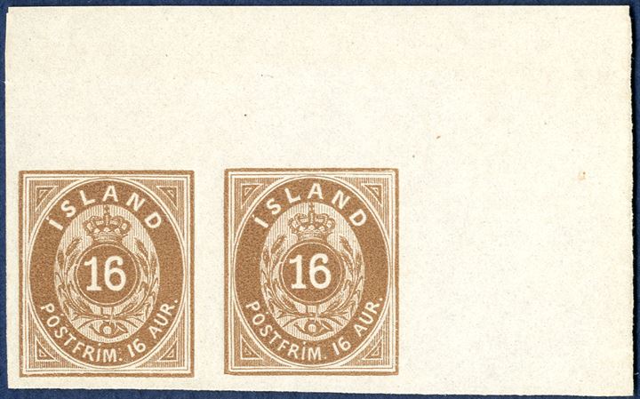 16 aur brown, colour proof on imperforate thin paper without watermark, pair with full corner sheet margin.
