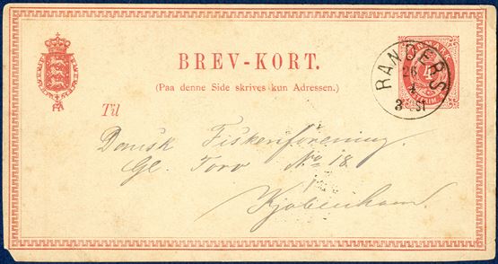 4 sk. BREV-KORT from Randers 26 April 1875 to Copenhagen. Skilling/Øre usage with 4 sk. paying 8 øre domestic post card rate. The 4 sk. card was used from 1.4.1871 paying for the 4 sk. domestic postcard rate, after 1.1.1875 - 4 sk. corresponded to 8 øre and paying the correct postcard rate. SV short corner and crease in SE corner.