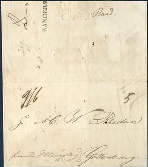 Franco letter (letter front with flap) from Randers (1831-32) to Gothenburg, with instruction  - franco Helsingborg - , Swedish postage 9 Skilling Banco paid to Gothenburg, and Swedish bill no. 5 on front.  . – RANDERS – straight line mark - on reverse and town manuscript – Rand. DAKA #3. According to Carstensen, only recorded use in 1831 of the 25 mm RANDERS postmark. With disinfection holes against cholera. 