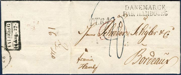 Franco Hamburg letter from Aalborg 14 August 1827 to Bordeaux, France. Postmarked boxed RAM-2 – AALBORG 14 Aug.27. – Via Hamburg – DANEMARCK / PAR HAMBOURG – and – T.T.R.4 – Thurn & Taxis Oberpostamt. Red Frendch border mark, Paris Transitmark. Postage due 20 decimes for the distance Hambourg-Bordeaux for letters of 7,5 gr. Danish List no. 16-40.