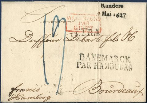 Letter sent from Randers 4 May 1827 to Bordeaux, France. Partly prepaid to Hamburg “Franco Hamborg” and T&T – DANEMARCK / PAR HAMBOURG – and red boxed -ALLEMAGNE PAR GIVET – due 19 decimes. Postmarked RAM-1 – Randers 4 Mai 1827 – A recent discovery, one of only two known of this scarce Randers boxed mark.