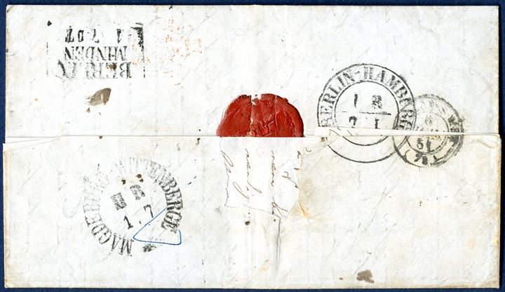 Østerbro in Copenhagen 30 June 1851 to Toulon, France. Samped cds 'KIØBENHAVN O.P.E. 30 /6 1851', with boxed 'Aus Daenemarck. / d. Meckleburg' greenish blue ink. Backstamped TPO 'MAGDEBURG-WITTENBERGE 1.7', 'BERLIN-HAMBURG' and 'BERLIN-MINDEN' and on front French due and border crossing mark in Valenciennes. Rare.