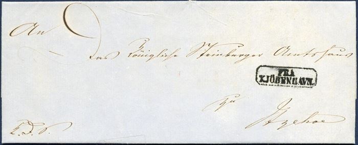 Royal Service K.D.S. ship-letter sent from Copenhagen 27 July 1855 to Itzehoe, showing a clear strike of the octagonal – FRA KJÖBENHAVN – a rare use on Royal Service letters. Furhtermore, the letter is sent by an official from Schleswig-Holstein-Lauenburg Wasserbau Directorat (wax seal). This is an interesting letter, showing that an official from Altona using the Royal Service in order to mail a letter during his stay in Copenhagen, a very rare use from an Official traveling in an official capacity.