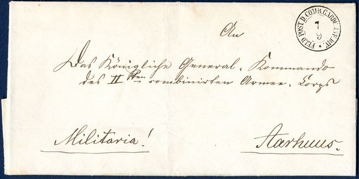 Militaria letter from Horsens 4 September 1864 to Aarhus. Hand stamp 'FIELD POST D. COMB.GARDE INF.DIV * 7/9'. Complete letter inside, sent by the 'Königlich-preußische General-Kommando', sent to General von Falkenstein in Aarhus.
