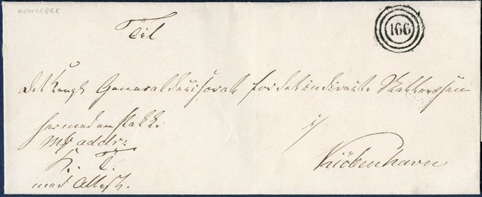 Royal Service K.T. parcel letter from Humlebæk to Copenhagen, 11 May 1864-75. Postmarked with numeral 166, Humlebæk – who only had this postmark available. 