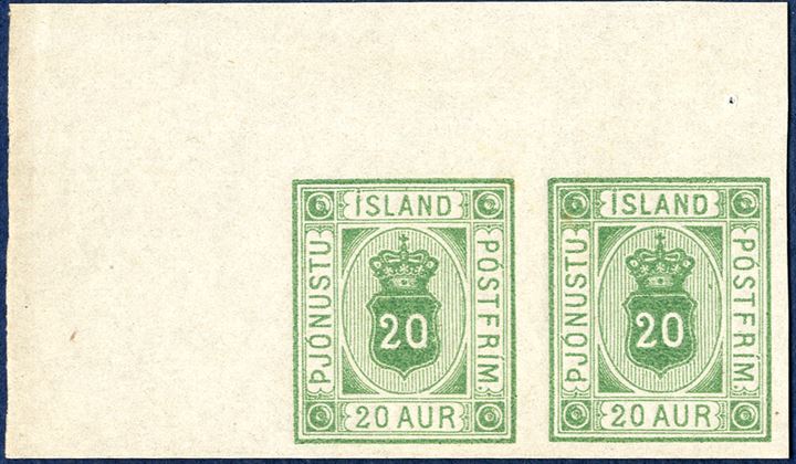 20 aur Pjónustu, green, colour proof on imperforate thin paper without watermark, pair with full corner sheet margin.