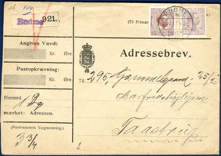 Parcelletter from Rudme 29 May 1917 to Taastrup. Mixed franking of Danish West Indies 15 BIT King Christian X and Denmark 15 øre King Christian X tied by swiss type cds 'RUDME 29.5.17 4-E'. An unusual usage to a soldier at Barfredshøjlejren. A very rare and unusual combination of DWI and DK stamps accepted by the postal service and not charged for insufficient postage, envelope slight cut down at left side.