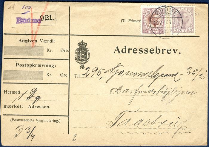 Parcelletter from Rudme 29 May 1917 to Taastrup. Mixed franking of Danish West Indies 15 BIT King Christian X and Denmark 15 øre King Christian X tied by swiss type cds 'RUDME 29.5.17 4-E'. An unusual usage to a soldier at Barfredshøjlejren. A very rare and unusual combination of DWI and DK stamps accepted by the postal service and not charged for insufficient postage, envelope slight cut down at left side.