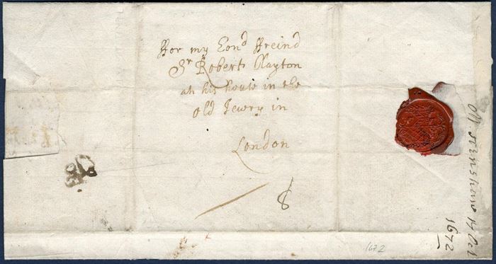 Early letter from the British Ambassador Thomas Henshaw in Copenhagen 19 October 1672, to his friend, Robert Clayton, London’s wealthiest citizen in his time. Sent through the Danish Post Office in Hamburg, via Amsterdam and by ship to London, rated 8d in Great Britian. On arrival stamped London receiving office mark – 2 Off – in circle. Very early letter from Denmark to a foreign country.