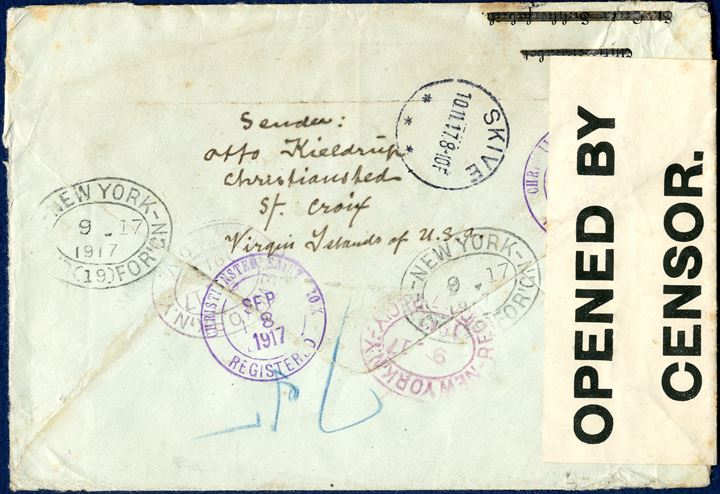 Transition letter. Letter from Christiansted during the transition period 1.4.1917 - 30.9.1917 to Skive, Denmark. US 15 cent stamp tied by US datestamp 'CHRISTINASTED SEP 8 1917 / SAINT CROIX'. 5 Cents equals 25 BIT UPU single letter rate, plus 10 US cents registration fee = 15 Cents total postage, only recorded single franking US 15 cents from DWI during the transition perioed. British re-sealing tape 'OPENED BY CENSOR. / 181'. On reverse the  rare 'CHRISTIANSTED SAINT CROIX / REGISTERED / SEP 8 1917' from the transition period and NY Registered marks and Skive reception mark 10 Novemmber 1917.