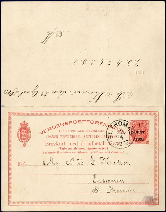 1 CENT 1901 double postal card from locally within St. Thomas 22 April 1902 and replied on message side St. Thomas 23 April 1902. Chess card sent among soldiers at the fortress at St. Thomas. Only 950 double cards 2nd printing issued with ‘1 CENT 1901’ overprint, very few unsevered provisional double cards recorded.