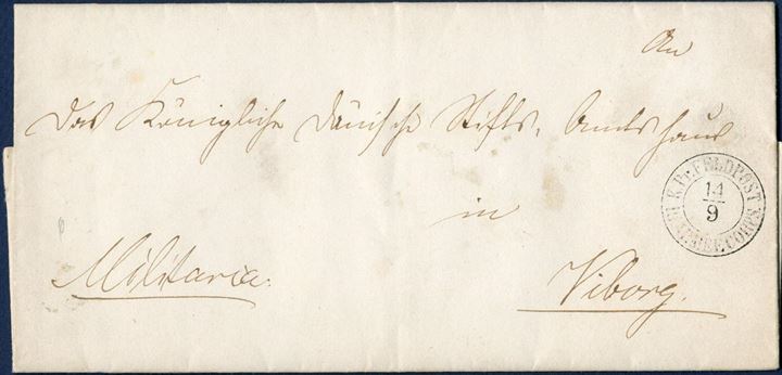 Militaria letter from Randers 14 September 1864 to Viborg, from the Prussian occupying forces in Jütland. Sent through the Field Post Service and stamped – K. PR. FELDPOST / III. ARMEECORPS. 14/9 -.