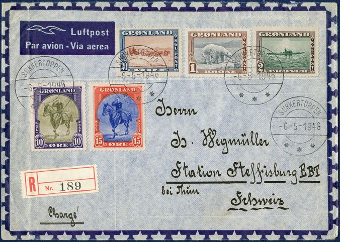 Registered airmail letter from Sukkertoppen 6 May 1946 to Steffrisburg, Switzerland. Franked with 10, 15 and 30 øre, 1 and 2 Kr. American Issue stamped with datestamp SUKKERTOPPEN -6-6-1946, registration label without town name, numeral 189. A most unusual destination with the American issue.