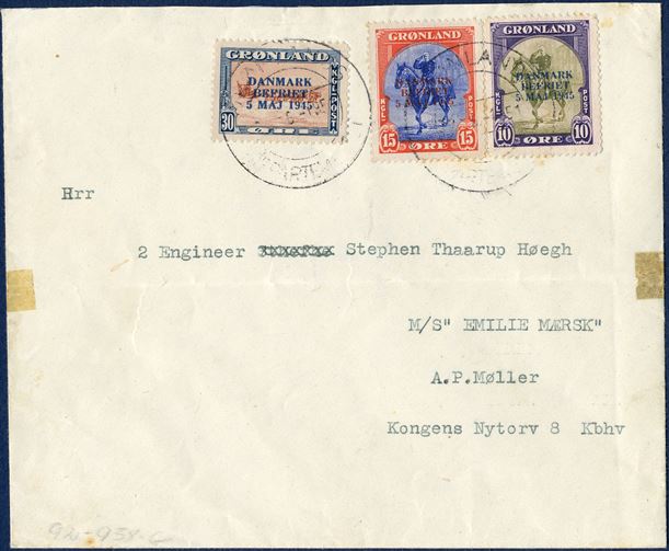 Letter sent from Ivigtut 27 May 1951 to Copenhagen, Denmark. DANMARK BEFRIET OVERPRINT 5 MAY 1945, with 10 øre blue overprint, 15 øre red overprint and 30 øre blue overprint cancelled with the large postmark GRØNLANDS / DEPARTEMENTET 27 May 1951. An extremely rare commercial letter although overfranked.