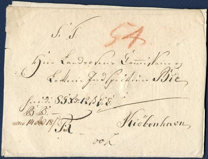 Money Letter from lottery agent Bruun in Nyborg sent between 1 Feb – 6 Aug 1813 to Bie, Copenhagen. Contained - Heruid 85 Rbd: 12ß D: C: - and royal insignia Fr.VI, and with closed with three red wax seals, two post office seals – NYBORG FR VI – and Bruuns own wax seal. Postage noted on reverse – 2 – 9 – list no. 2 and postage 9 Rbß for 1-100 Rbdlr.: 9 Rbß. Description can be found on Toke Nørby’s website.