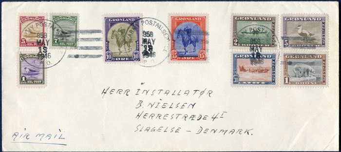 Letter from Narsarssuak APO 858 on 13 May 1946 to Slagelse, Denmark. Franked with a complete set Greenland American issue cancelled with ARMY POSTAL SERVICE APO / 858 MAY 13 1946.