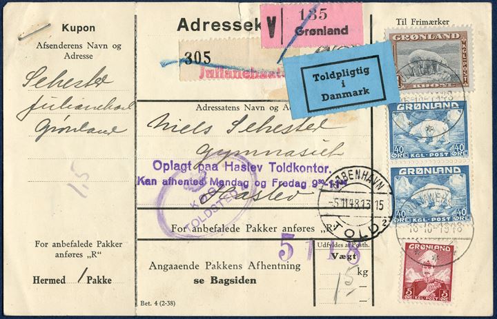Parcelcard from Julianehaab 16 October 1948 to Haslev, Denmark. 5 øre King Christian X pair 40 øre Polar Bear and 1 Kr. American Issue cancelled with datestamp JULIANEHAAB 16.10.1948, with Copenhagen transitmark 5.11.48. Parcel weight 1,5 kg, rate 1-3 kg. 185 øre, correct franking.